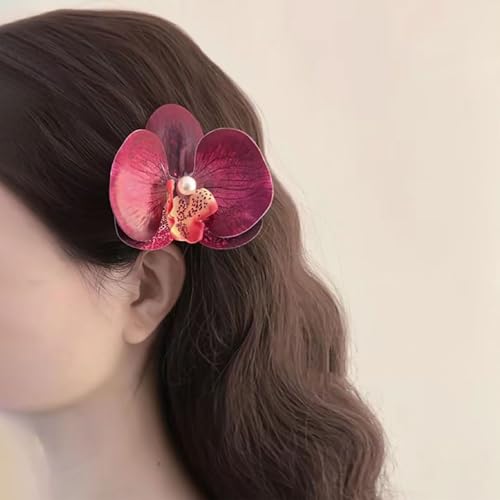 TseenYi Orchidee Blume Haarspangen Rote Orchidee Haarspangen Großen Stoff Floral Clip Schmetterling Orchidee Floral Haarnadel Perle Floral Braut Hochzeit Kopfstück Kopf Clip Zwei Weg Schmuck von TseenYi