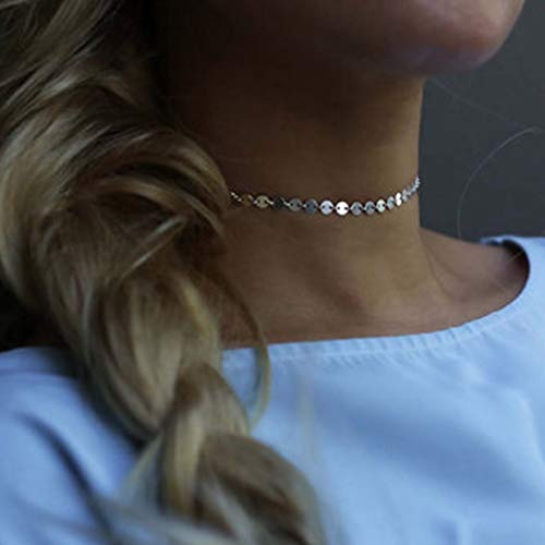 TseenYi Pailletten-Halskette, Choker, kleine Silberscheiben-Münzen, Kette, kurze Boho-Schlüsselbein-Halskette, Schmuck für Frauen und Mädchen (Silber) von TseenYi