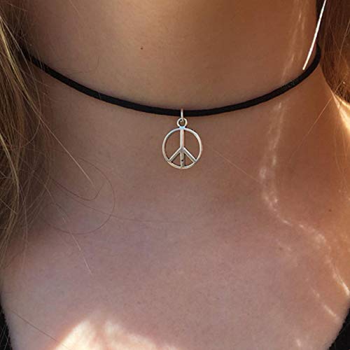 TseenYi Peace Choker Halskette Boho Kurze Leder Halskette Schmuck Skinny Kette Hippie Halsketten Schmuck für Frauen und Mädchen, Metall Silber Leder von TseenYi