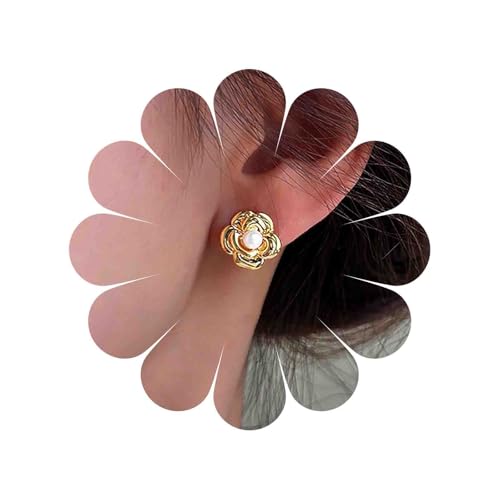 TseenYi Perlen Ohrstecker Ohrringe Gold Metall Blume Ohrringe Kleine Perle Ohrringe Weiße Perle Blumen Ohrringe Vintage Blume Metall Ohrringe von TseenYi