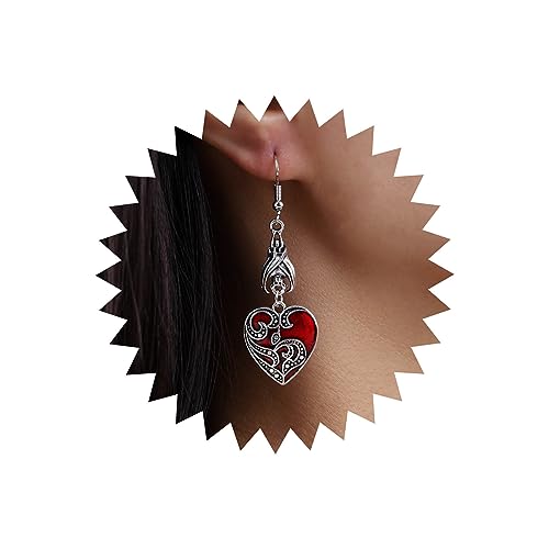 TseenYi Punk Herz Rock Fledermaus Ohrringe Gothic Blutrot Herz Fledermaus Ohrringe Silber Filigran Herz Ohrringe Vintage Rock Gothic Ohrringe Schmuck Für Frauen Und Mädchen von TseenYi