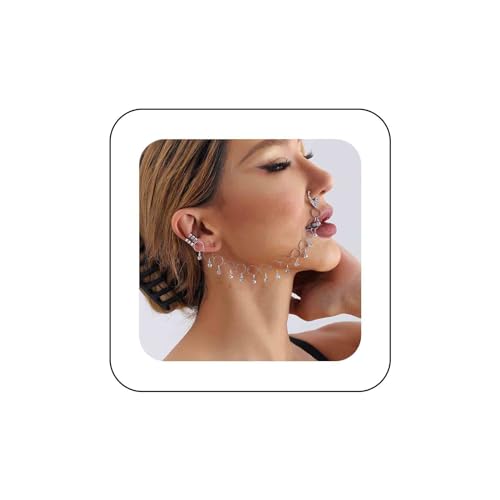 TseenYi Punk Nasenring Ohr Kette Silber Strass Quaste Drop Nase Kette Hoop Kette Vintage Kristall Fransen Fake Nase Ring Ohrringe Cz Nicht Piercing Manschette Nase Zu Ohr Kette Schmuck Für Frauen von TseenYi