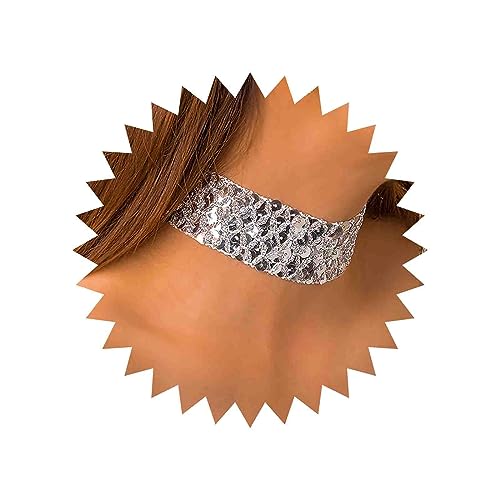 TseenYi Punk Silber Pailletten Choker Halskette Fischschuppen Pailletten Breite Halskette Gothic Silber Mesh Halskette Spitze Samt Choker Luxus Dicken Kurzen Kragen Halskette Für Frauen Und Mädchen von TseenYi