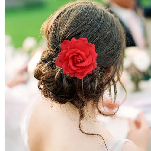 TseenYi Rote Rose Blume Haarspange Kopfschmuck Große Rote Blume Haarspange Rot Floral Clip Boho Rose Haarnadel Brosche Braut Hochzeit Kopfschmuck Kopfclip Zwei-Wege-Schmuck für Frauen und Mädchen von TseenYi