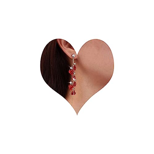 TseenYi Rote Rose Quaste Lange Ohrring Lange Rote Rose Tropfen Ohrringe Rose Blume Kristall Quaste Ohrringe Vintage Rose Strass Fransen Ohrringe Schmuck Für Frauen Und Mädchen Geschenke von TseenYi