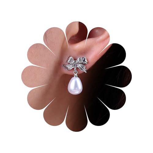 TseenYi Schleife Perle Ohrringe Silber Winzige Schleife Ohrringe Kleine Bowknot Ohrringe Tränen Perle Tropfen Ohrringe Braut Hochzeit Ohrringe Schmuck Für Frauen Und Mädchen Geschenke von TseenYi