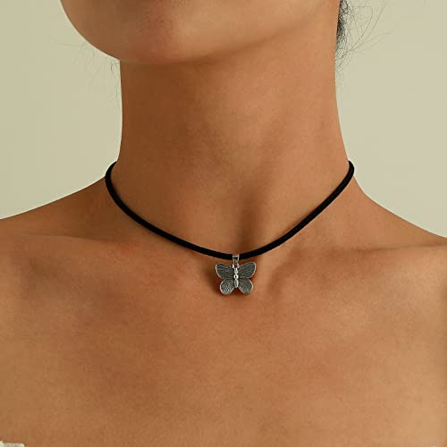 TseenYi Schmetterling Choker Halskette Boho Wildleder Choker Halskette Silber Schmetterling Anhänger Halskette Schwarz Leder Samt Halskette Schmuck Für Frauen Und Mädchen Geschenke von TseenYi