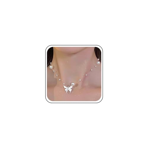 TseenYi Schmetterling Perlenkette Choker Weiße Perlen Halskette Silber Schmetterling Anhänger Halskette Braut Perlenstrang Halskette Kette Schmuck Für Frauen Und Mädchen von TseenYi