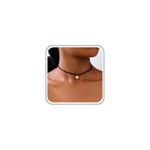 TseenYi Schwarze Saatperlen Halskette Gold Herz Anhänger Halskette Kleine Perlen Kette Saatperlen Halskette Chunky Puffy Herz Halskette Perlen Kurze Halskette Statement Perlen Choker Halskette von TseenYi