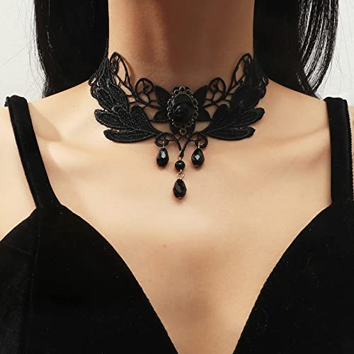 TseenYi Schwarze Spitze Choker Halskette Vintage Schwarz Kristall Quaste Halskette Breite Spitze Kragen Halskette Kurze Träne Schwarze Perle Anhänger Halskette Spitze Schmuck Für Frauen Und Mädchen von TseenYi