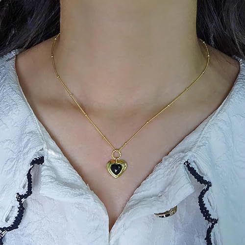 TseenYi Schwarzer Obsidian Herz Halskette Gold Onyx Herz Anhänger Halskette Schwarzer Kristall Edelstein Anhänger Halskette Kleine Perlen Kette Halskette Kettenschmuck Für Frauen Und Mädchen Geschenke von TseenYi