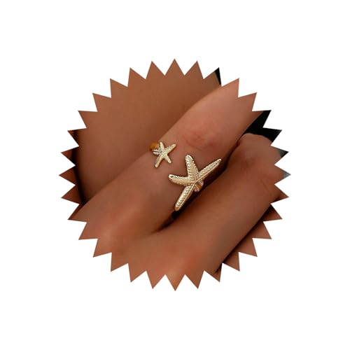 TseenYi Seestern Offener Ring Statement Gold Stern Ring Vintage Gold Seestern Verstellbarer Ring Doppel Seestern Wickelring Persönlichkeit Stern Wickelring von TseenYi