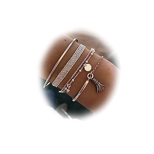TseenYi Silber Armband Set Boho geschichtete Armreif Quaste Anhänger Armband gestapelt offene Handgelenk Kette Mode Armband Schmuck für Frauen und Mädchen Geschenk Weihnachten 4Pcs von TseenYi