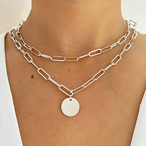 TseenYi Silver Layered Necklace Mehrlagige Büroklammer Kette Halskette Boho Scheibe Münze Anhänger Halskette Kettenschmuck Für Frauen Und Mädchen Geschenke von TseenYi
