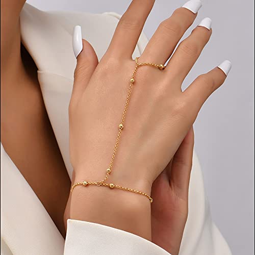 TseenYi Sklavenfingerring Armband Boho Fingerring Armband Gold Perlenkette Sklavenfingerring Handgeschirr Schmuck Für Frauen Und Mädchen（1 Stück) von TseenYi