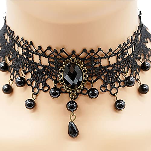 TseenYi Spitze Schwarz Choker Halskette Vintage Spitze Breite Choker Halskette Perle Quaste Spitze Halskette Hohle Spitze Kurze Halskette Schmuck Für Frauen Und Mädchen Cocktail Party von TseenYi