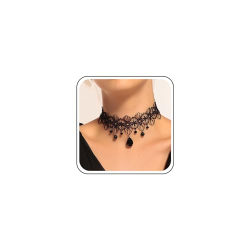 TseenYi Spitze Schwarz Choker Halskette Vintage Spitze Breite Choker Halskette Perle Quaste Spitze Halskette Schmuck Für Frauen Und Mädchen Cocktail Party von TseenYi