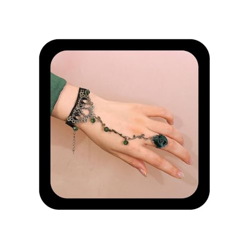 TseenYi Spitzen-Ring-Armband Gothic Schwarze Spitze Sklaven-Finger-Ring-Armband Kristall Taseel-Ketten-Spitzen-Ring-Armband Rosen-Blumen-Finger-Ring-Armband Cosplay Party Schmuck Frauen Mädchen(Grün) von TseenYi