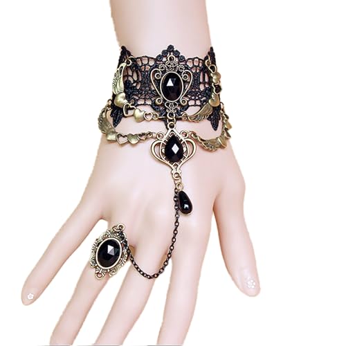 TseenYi Spitzen-Ring-Armband Gothic-Spitze-Ring-Handketten-Armband, schwarzer Kristall, baumelndes Sklaven-Armband, Vintage-Herz-Flügel-Sklaven-Finger-Ring-Armband, Frauen und Mädchen (schwarz) von TseenYi