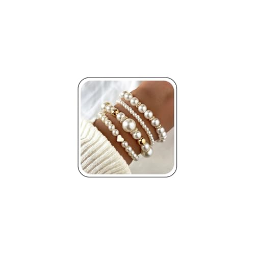 TseenYi Stapelbares Perlenarmband Stretcharmband Perlenarmband Sets Goldperlen Stapelbare Elastische Armbänder Herz Kugel Perlen Stretch Handkette Boho Mehrlagiger Armreif Hochzeitsschmuck von TseenYi