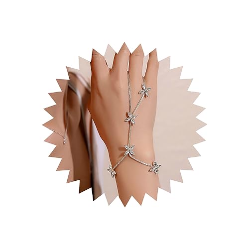 TseenYi Strass Finger Armband Ring Silber Kristall Handketten Blume Fingerkette Sklave Handgeschirr Kette Hochzeitsschmuck für Frauen und Mädchen von TseenYi