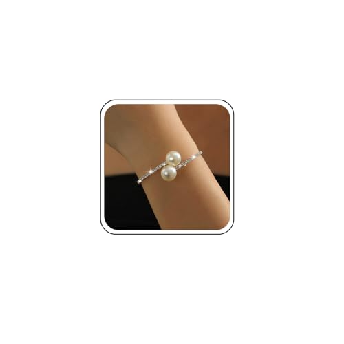 TseenYi Strass Perle Armreif Armband Silber Tennis Armbänder Weiße Perle Offenes Verstellbares Armband Cz Strass Kristall Tennis Armreif Funkelnde Braut Hochzeit Cz Handkette Schmuck von TseenYi