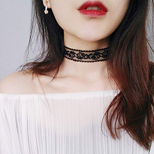 TseenYi Tattoo-Choker-Halskette, Blumen-Spitze, hohle Spitze, elastisch, Schlüsselbein-Kette, Gothic-Schmuck für Frauen und Mädchen (schwarz) von TseenYi