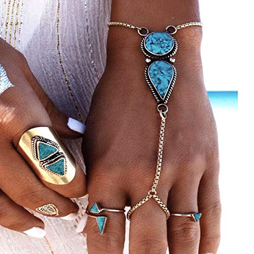 TseenYi Türkisfarbenes Fingerring-Armband, Silberfarbenes Handgelenk, Boho-Sklavenkette, Handgeschirr, Kette, Schmuck für Damen und Mädchen, 1 Stück, Stein von TseenYi