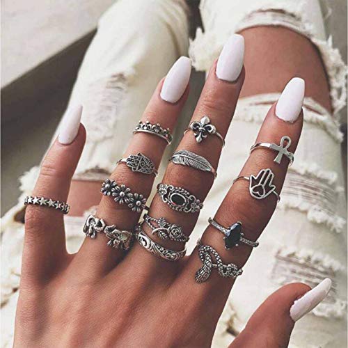 TseenYi Vintage Boho Knöchelringe Silber Stapelbar Blatt Elefant Fingerringe Set Retro Mondstein Midi Ringe Handzubehör Schmuck für Damen und Mädchen, Silber, Mondstein von TseenYi
