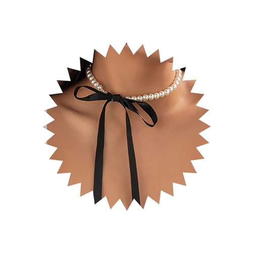 TseenYi Vintage Perlen Choker Halskette Boho Perlenstrang Halskette Schwarzer Samtband Bowknot Halskette Lange Breite Fliege Halskette Braut Perle Hochzeit Halskette Schmuck Für Frauen Und Mädchen von TseenYi