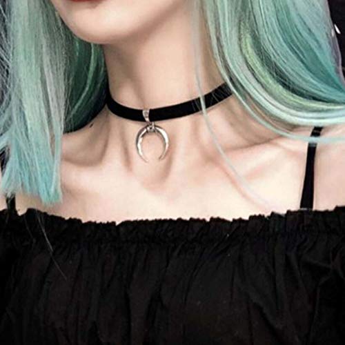 TseenYi Halskette/Choker aus schwarzem Samt, Gothik, mit silberfarbenem Halbmondanhänger, Retro-Look, anpassbare Tattoo-Halskette, Schmuck für Damen und Mädchen von TseenYi
