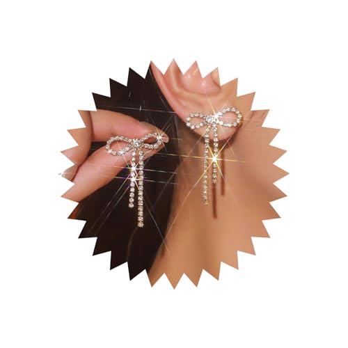 Tseenyi Bug -Strassohrringe Kristallbogen Dangle Ohrringe Dangle Prom Kleider Bug Gold CZ Bogen lange Quastenohrringe Kubikzirkonia -Bogenstollen Bogenhochzeitohrringe von TseenYi