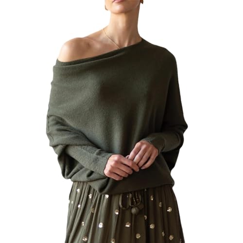 Tseonmis Asymmetrisch drapierter Pullover, Herbst-Langarmpullover, lockerer, Leichter, Schulterfreier Strickpullover für Damen (Green) von Tseonmis