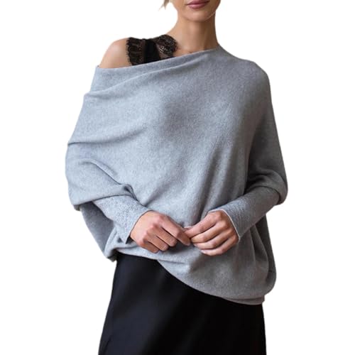 Tseonmis Asymmetrisch drapierter Pullover, Herbst-Langarmpullover, lockerer, Leichter, Schulterfreier Strickpullover für Damen (Grey) von Tseonmis