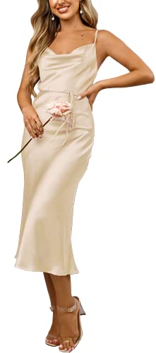 Damen Ärmellos Spaghettiträger Satin Hochzeit Gäste Party Kleid Cocktail Abend Wasserfallkragen Rückenfrei Midi formelle Kleider, Beigefarbenes Satin-Kleid, Mittel von Tsher