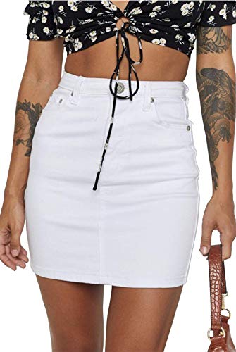 Tsher Jean Rock Damen Hohe Taille Fransen Slim Fit Elastische Bodycon Mini Denim Rock, Weiß gewaschen, X-Klein von Tsher