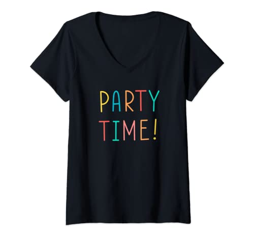 Damen Buntes Party tshirt, PARTY TIME Aufdruck, Party Fete Fest T-Shirt mit V-Ausschnitt von Tshirt Shirt T-Shirt Pullover Hoodie Sweater Style