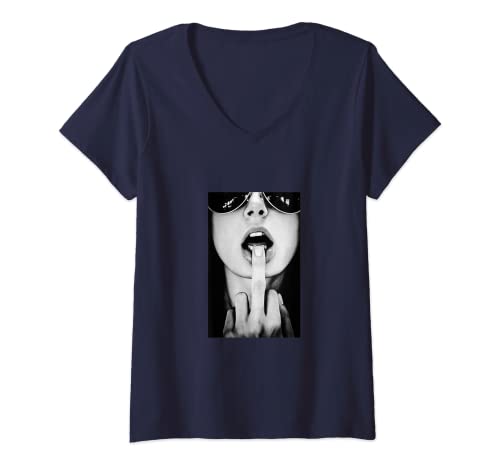 Damen Schwarz weiß shirt, Frau zeigt Mittelfinger Motiv Damen Mann T-Shirt mit V-Ausschnitt von Tshirt Shirt T-Shirt Pullover Hoodie Sweater Style