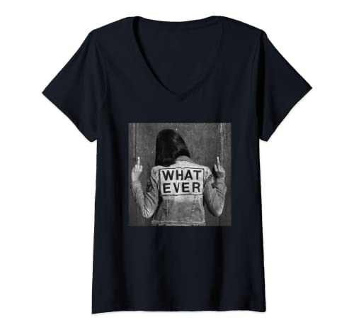 Damen Schwarz weiß tshirt Druck, What Ever Frau zeigt Mittelfinger T-Shirt mit V-Ausschnitt von Tshirt Shirt T-Shirt Pullover Hoodie Sweater Style