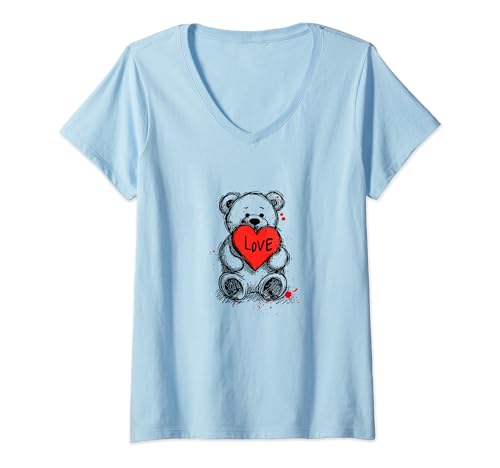 Damen Teddy hält Herz in der Hand Teddybär tshirt Herz Handyhülle T-Shirt mit V-Ausschnitt von Tshirt Shirt T-Shirt Pullover Hoodie Sweater Style