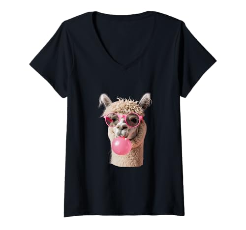 Damen #snirt Alpaka Fell T-Shirt Alpaka mit Kaugummi und Brille T-Shirt mit V-Ausschnitt von Tshirt Shirt T-Shirt Pullover Hoodie Sweater Style