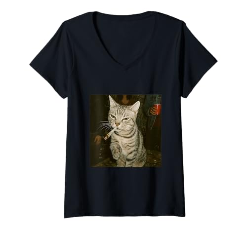Damen #snirt lustiges Katzen T-Shirt Motiv, Katze mit Zigarette T-Shirt mit V-Ausschnitt von Tshirt Shirt T-Shirt Pullover Hoodie Sweater Style