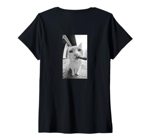 Damen #snirt lustiges Katzen T-Shirt Motiv, Katze mit Zigarette T-Shirt mit V-Ausschnitt von Tshirt Shirt T-Shirt Pullover Hoodie Sweater Style