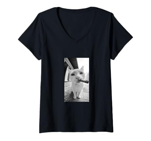 Damen #snirt lustiges Katzen T-Shirt Motiv, Katze mit Zigarette T-Shirt mit V-Ausschnitt von Tshirt Shirt T-Shirt Pullover Hoodie Sweater Style
