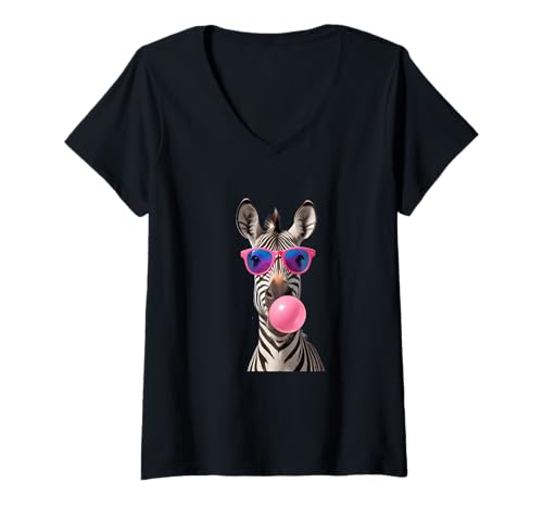 Damen #snirt lustiges Zebra mit Kaugummiblase pinker Sonnenbrille T-Shirt mit V-Ausschnitt Damen #snirt lustiges Zebra mit Kaugummiblase pinker Sonnenbrille T-Shirt mit V-Ausschnitt von Tshirt Shirt T-Shirt Pullover Hoodie Sweater Style