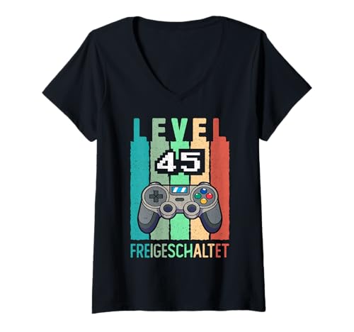 Damen Level 45 Freigeschaltet Gamer 45 Jahre 1980 45. Geburtstag T-Shirt mit V-Ausschnitt von Tshirtoftheyear 45. Geburtstag