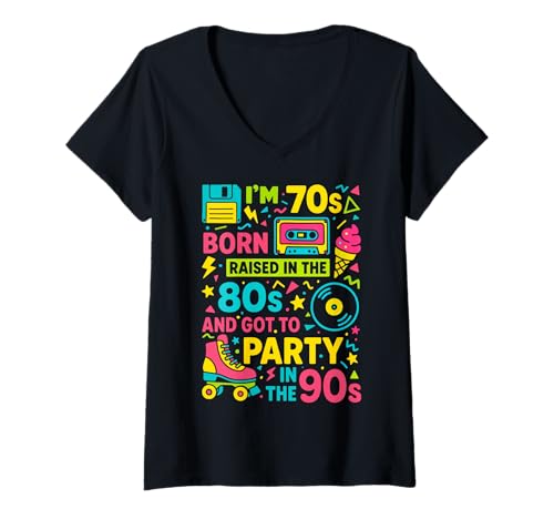 Damen Geboren in den 70ern, aufgewachsen in den 80ern, Party in den 90ern, Retro-Geschenk T-Shirt mit V-Ausschnitt von Tshirtoftheyear Vintage 70s 80s 90s TeleAdhesivo