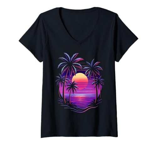 Damen Vintage 80er Jahre Palme Miami Beach Retro Sonnenuntergang Urlaub Vibe T-Shirt mit V-Ausschnitt von Tshirtoftheyear Vintage 70s 80s 90s TeleAdhesivo