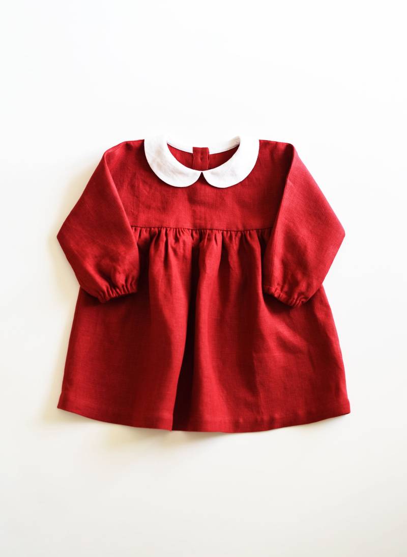 Leinen Baby Und Kleinkind Kleid Mit Peter Pan Kragen, Tiefrotes Für Erste Weihnachten, Säugling Mädchen Weihnachten Outfit von TsiomikKids