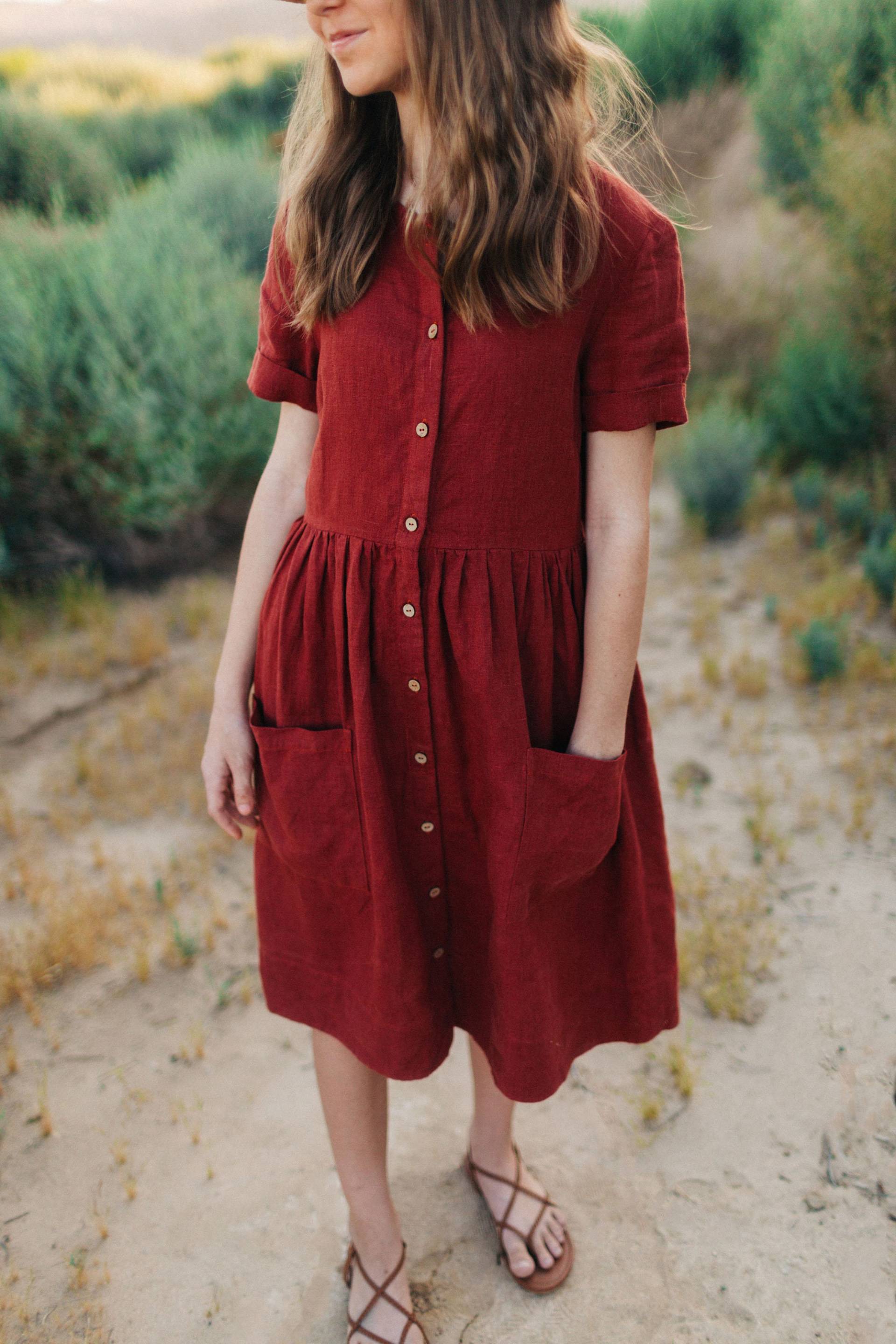 Leinen Frauen Kleid, Lockeres Sommerkleid, Kurzarm Kleid Mit Knöpfen Und Taschen, Rost Midi Leinen, Übergroßes Mutterschaftskleid von TsiomikKids